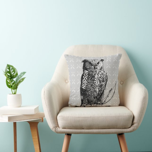 Personalized New Baby Boy's Room Gray Owl Throw Pillow (Chair)