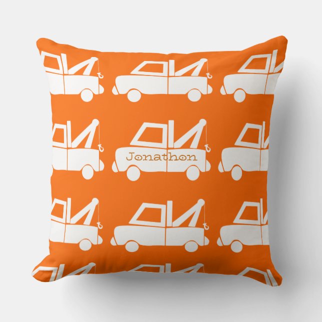 Personalized New Baby Boy's Room Orange Dump Truck Throw Pillow (Front)