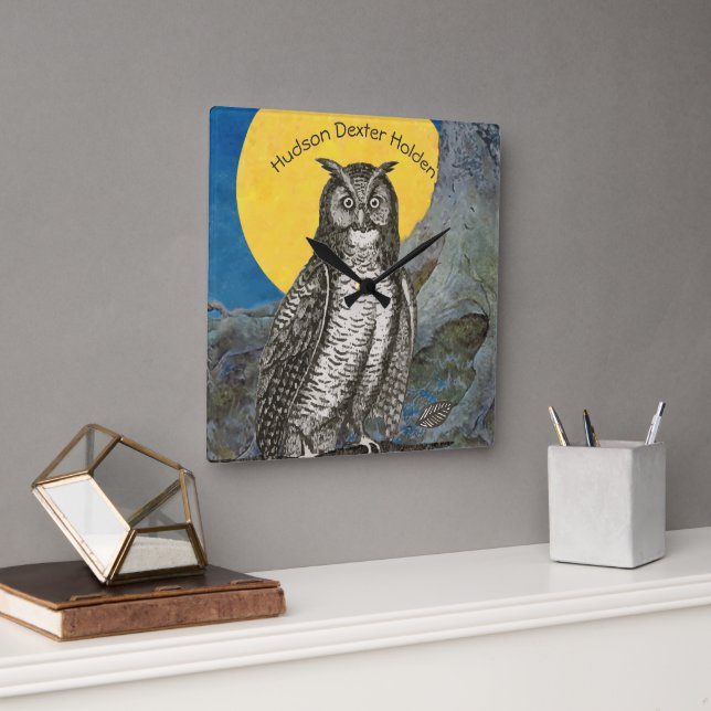 Personalized New Baby Boy's Room Yellow Gray Owl Square Wall Clock (Office)