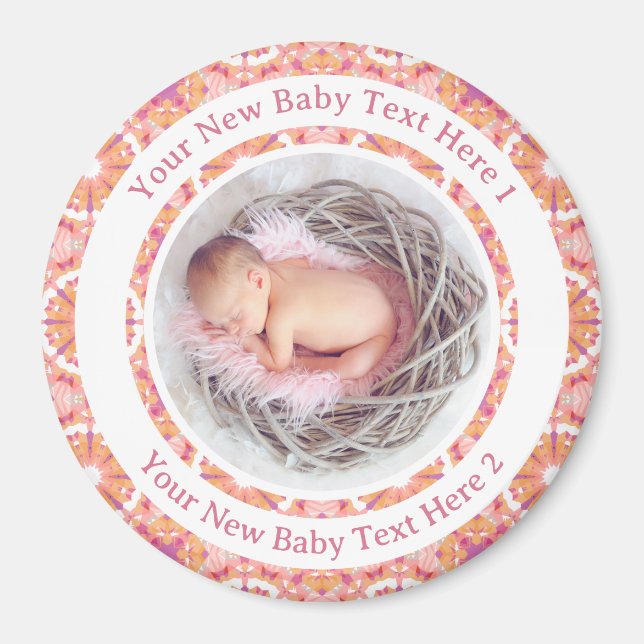 Personalized New Baby Girl Peach Pink Photo Gift Magnet (Front)