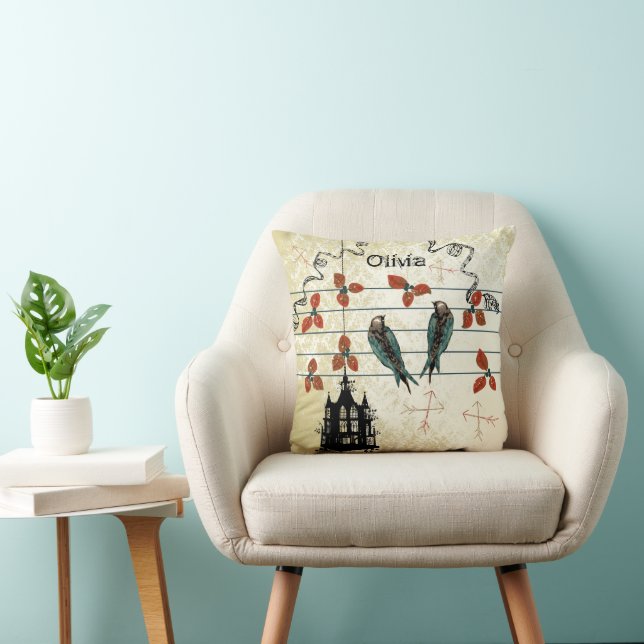 Personalized New Baby Girl's Room Cute Birds Throw Pillow (Chair)