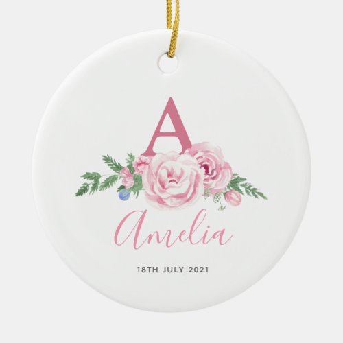 Personalized New Baby Keepsake pink floral gift Ceramic Ornament