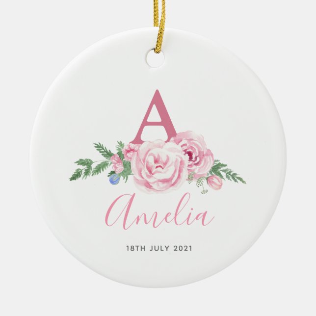 Personalized New Baby Keepsake pink floral gift Ceramic Ornament (Front)