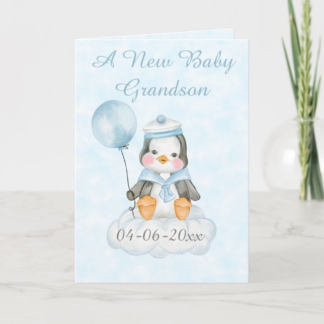Personalized New Baby Penguin Grandson Card (Front)