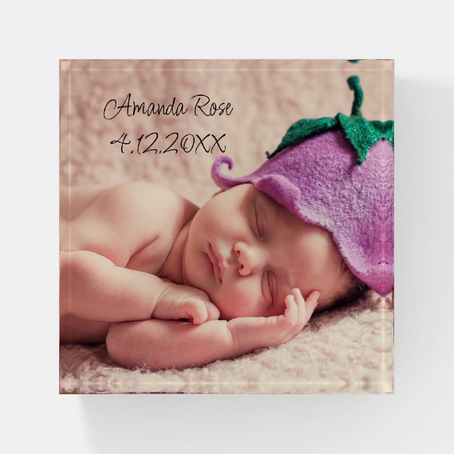 Personalized New Baby Photo and Birth Date Paperweight (Front)