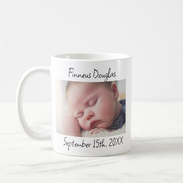 Personalized New Baby Photo, Name and Date Coffee Mug (Left)