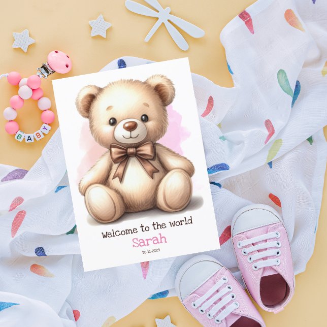 Personalized New Baby Pink Teddy Bear Card (Creator Uploaded)