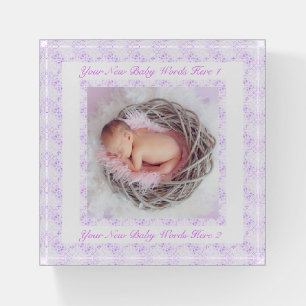 Personalized New Baby Pretty Lilac Pink Photo Gift Paperweight