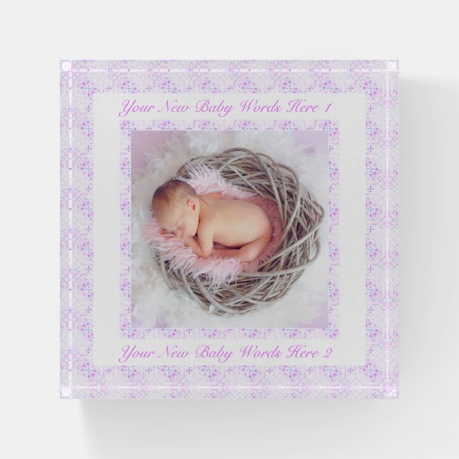 Personalized New Baby Pretty Lilac Pink Photo Gift Paperweight (Front)