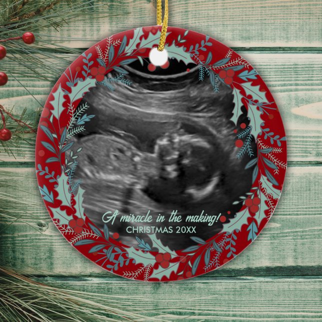 Personalized New Baby Reveal Ultrasound Christmas Ceramic Ornament (Creator Uploaded)