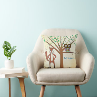 Personalized New Baby's Room Cute Fox and Owl Throw Pillow