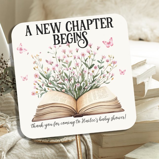Personalized New Chapter Begins Book Baby Shower Square Sticker (Creator Uploaded)