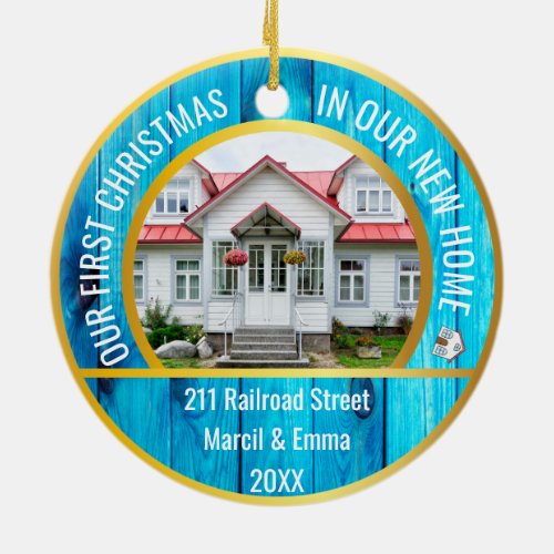 personalized new home christmas 2023 with 2 photo ceramic ornament