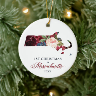 Personalized New Home Christmas in Massachusetts Ceramic Ornament