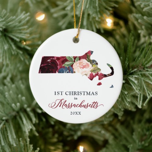 Personalized New Home Christmas in Massachusetts Ceramic Ornament