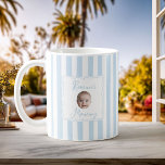 Personalized New Mom Baby Name Face Photo Coffee Mug<br><div class="desc">Celebrate her new role as mom with this charming personalized coffee mug featuring a baby name and "Mommy" title in a delicate framed design. The soft blue vertical stripes create a fresh, modern look perfect for morning coffee or tea. A thoughtful gift for new moms on Mother's Day, baby showers,...</div>