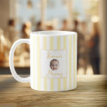 Personalized New Mom Baby Name Face Photo Coffee Mug<br><div class="desc">Celebrate her new role as mom with this charming personalized coffee mug featuring a baby name and "Mommy" title in a delicate framed design. The yellow vertical stripes create a fresh, modern look perfect for morning coffee or tea. A thoughtful gift for new moms on Mother's Day, baby showers, or...</div>