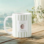 Personalized New Mom Baby Name Face Photo Coffee Mug<br><div class="desc">Celebrate her new role as mom with this charming personalized coffee mug featuring a baby name and "Mommy" title in a delicate framed design. The soft sage green vertical stripes create a fresh, modern look perfect for morning coffee or tea. A thoughtful gift for new moms on Mother's Day, baby...</div>