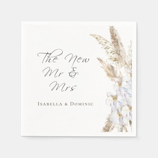 Personalized New Mr. & Mrs. Pampas Grass Wedding Napkins (Front)
