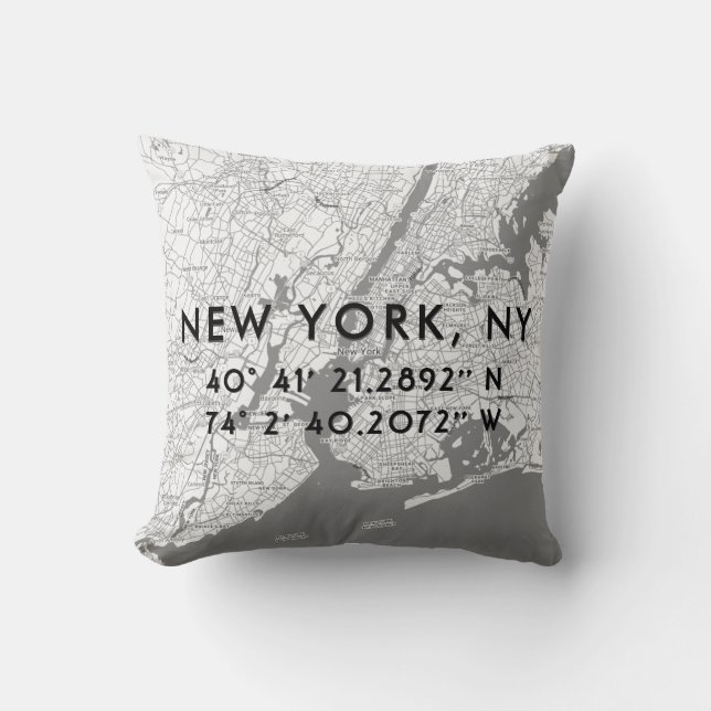 Personalized New York City Map Black White Gray Throw Pillow (Front)