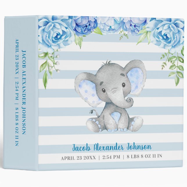 Personalized Newborn Baby Boy Blue Elephant Album 3 Ring Binder (Front/Spine)