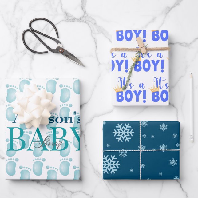 Personalized Newborn Baby Boy Shower Wrapping Paper Sheets (Front)