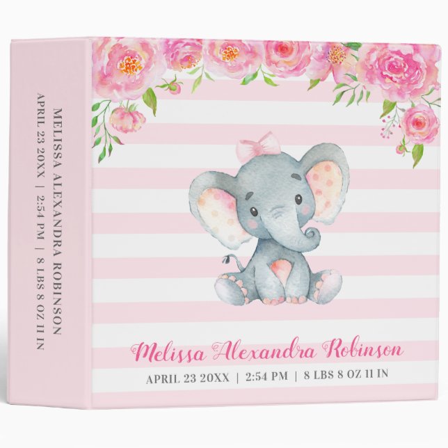 Personalized Newborn Baby Girl Elephant Album 3 Ring Binder (Front/Spine)