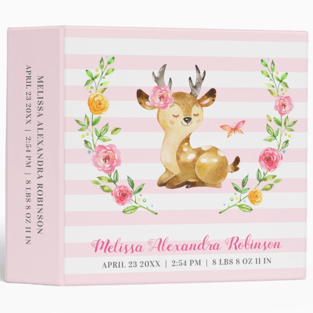 Personalized Newborn Baby Girl Gift Deer Album 3 Ring Binder (Front/Spine)