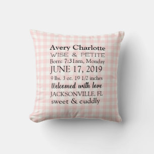 Personalized Newborn Baby Girl Pink Throw Pillow