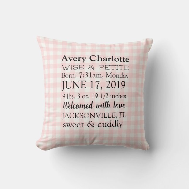 Personalized Newborn Baby Girl Pink Throw Pillow (Front)