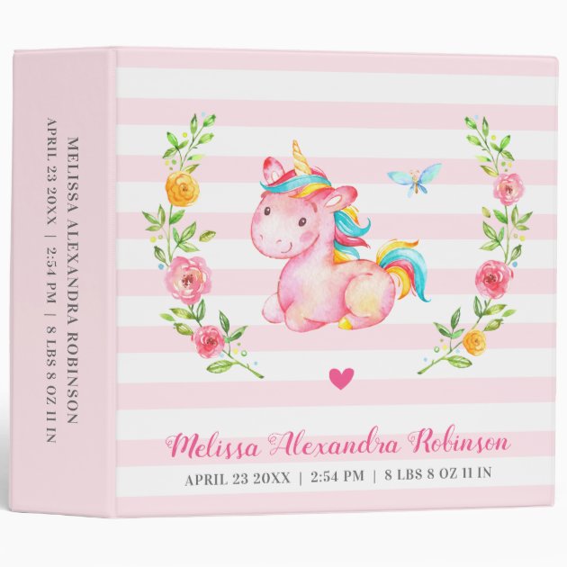 Personalized Newborn Baby Girl Unicorn Gift Album 3 Ring Binder
