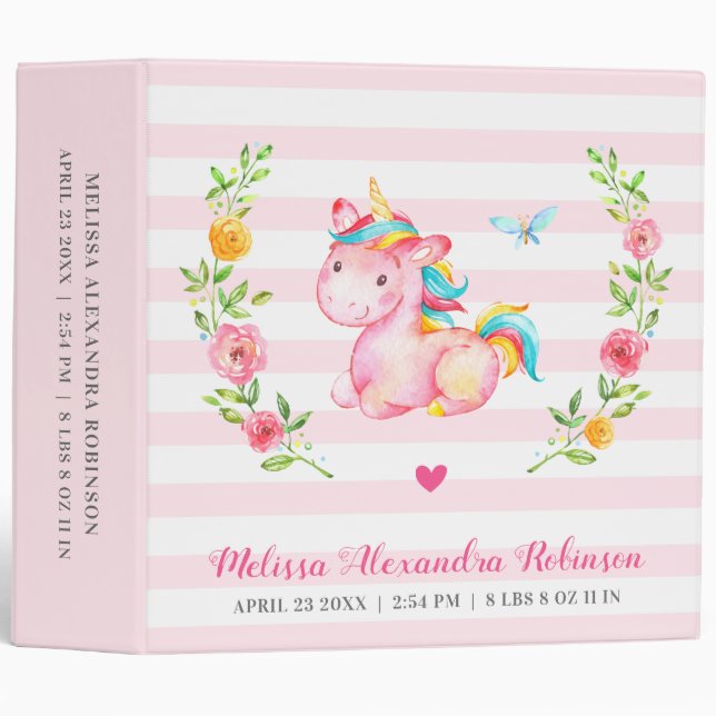 Personalized Newborn Baby Girl Unicorn Gift Album 3 Ring Binder (Front/Spine)