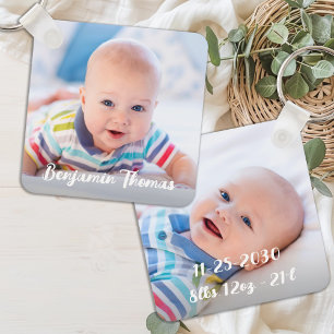Personalized Newborn Baby Photo Name & Birth Stats Keychain