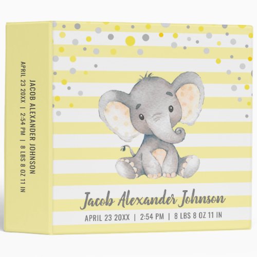 Personalized Newborn Baby Yellow Elephant Album 3 Ring Binder
