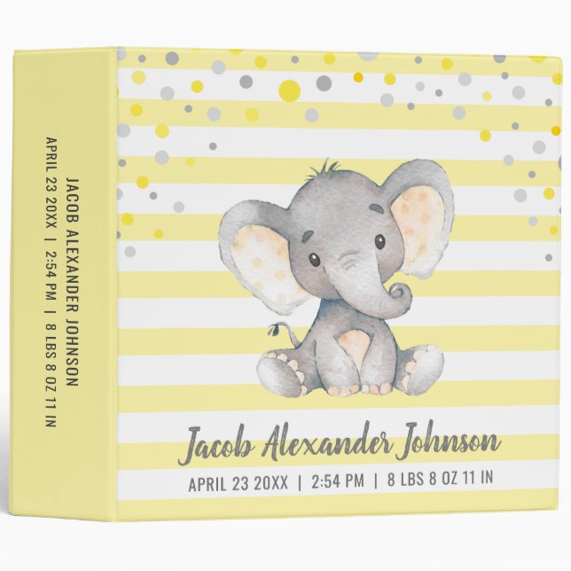 Personalized Newborn Baby Yellow Elephant Album 3 Ring Binder (Front/Spine)