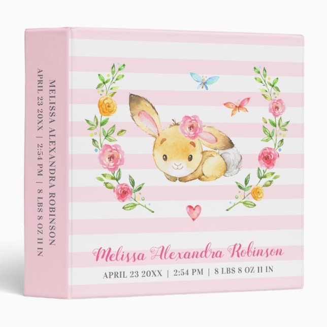 Personalized Newborn Bunny Baby Girl Gift Album 3 Ring Binder (Front/Spine)