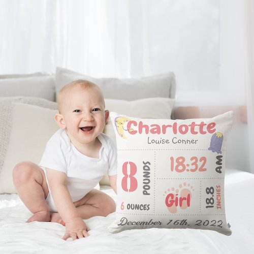 Personalized Newborn Detail Birth Announcement  Throw Pillow