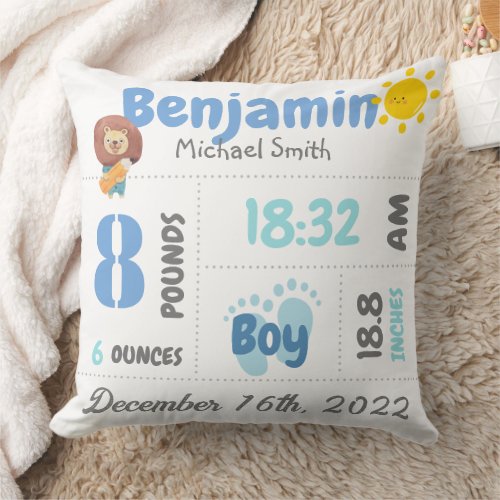Personalized Newborn Detail Birth Announcement Throw Pillow
