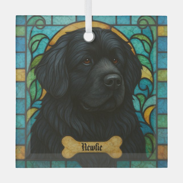 Personalized Newfoundland Dog "Stained Glass"  Glass Ornament (Front)