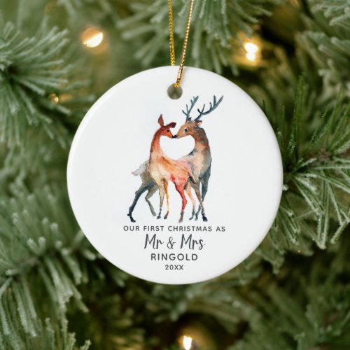 Personalized Newlywed First Christmas Deer Custom Ceramic Ornament