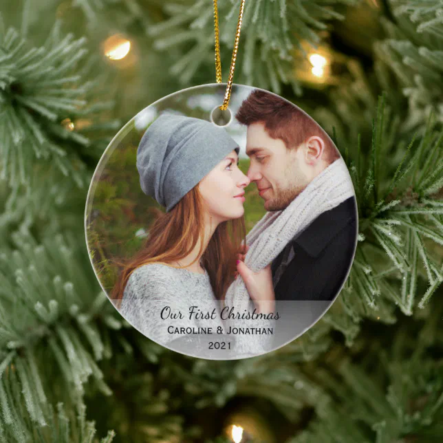 Personalized Newlywed Photo Our First Christmas Ceramic Ornament | Zazzle