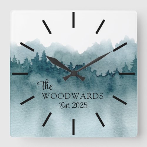 Personalized Newlyweds Wedding Watercolor Forest Square Wall Clock
