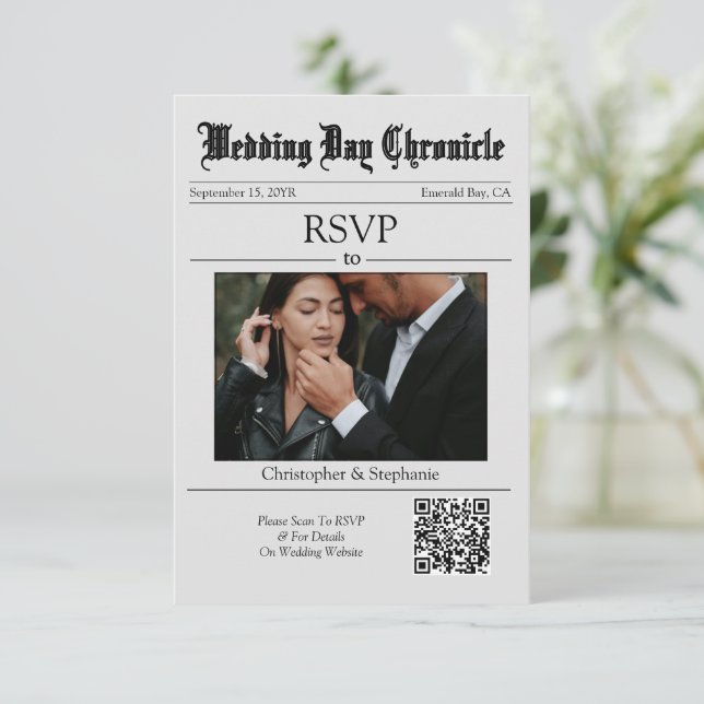 Personalized Newspaper Minimalist Elegant QR Code  RSVP Card (Standing Front)