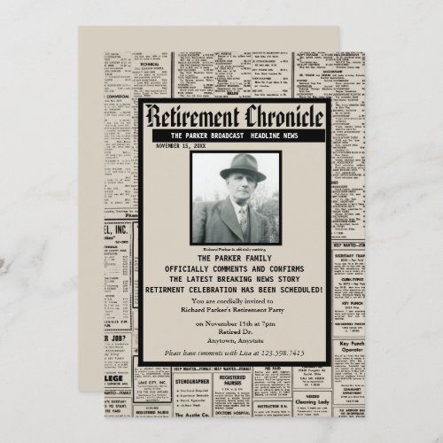 Personalized Newspaper  Retirement Party Invitation