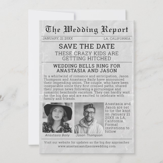 Personalized Newspaper Save the Date Wedding  Invitation (Front)
