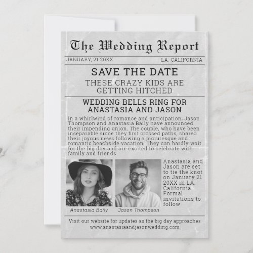 Personalized Newspaper Save the Date Wedding  Invitation