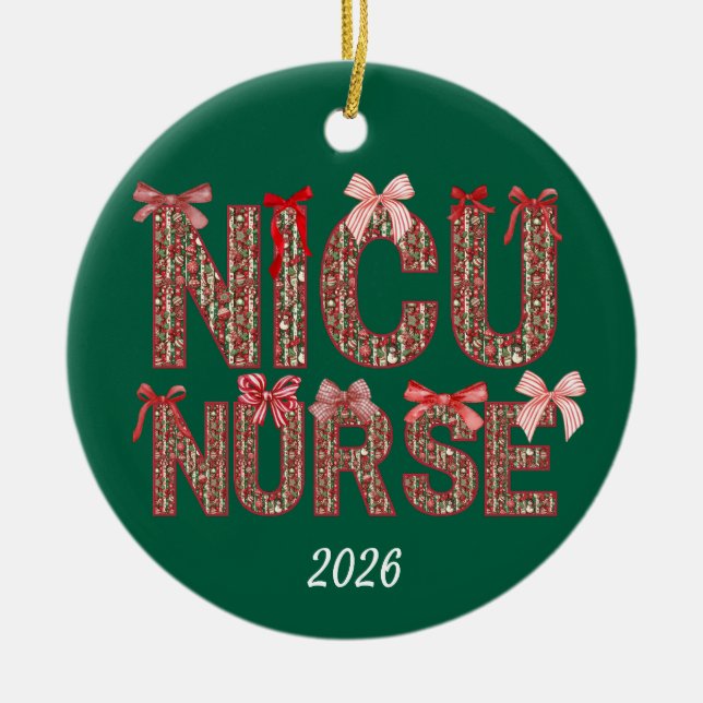 Personalized NICU Nurse Coquette Bow Christmas Ceramic Ornament (Front)
