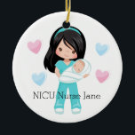 Personalized NICU Nurse Holding Baby Christmas Ceramic Ornament<br><div class="desc">This lovely ceramic ornament feature an adorable black haired NICU nurse holding a baby and accented with pink and blue hearts. The back of the ornament reads 'Miracles come in small packages'. Makes a lovely gift for any nurse, or a lovely thank you gift. Personalize it to your favorite nurse's...</div>