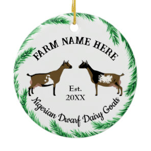 Personalized Nigerian Dwarf Dairy Goat Pine Wreath Ceramic Ornament
