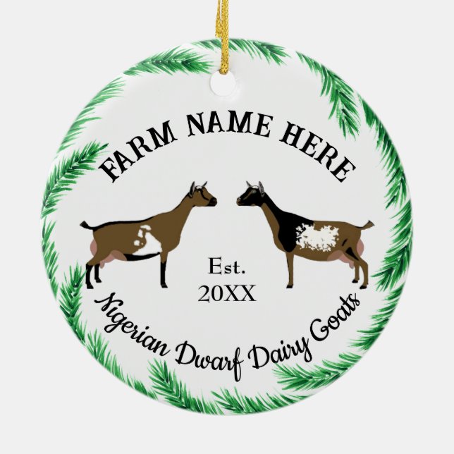 Personalized Nigerian Dwarf Dairy Goat Pine Wreath Ceramic Ornament (Back)